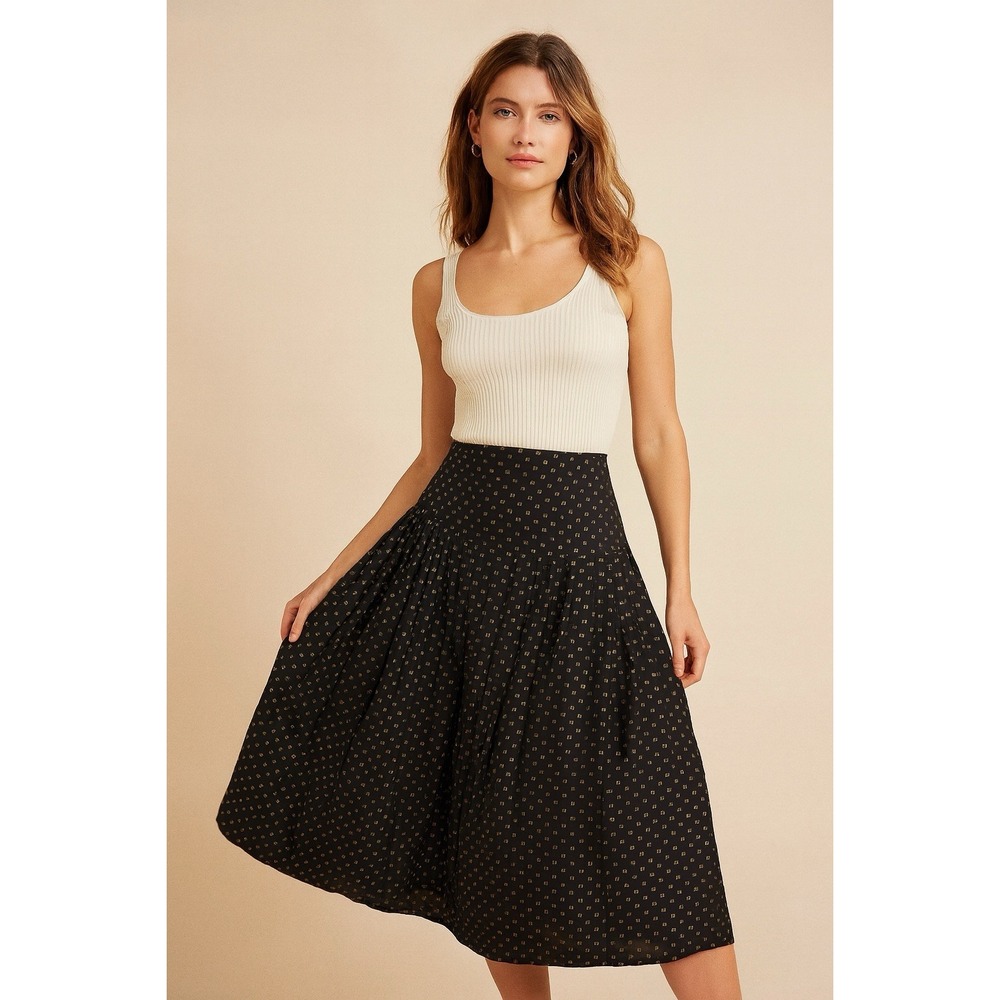 VTG 90s Chaus Petites Women's Size 12P Black Gold‎ Geometric Rayon Midi Skirt